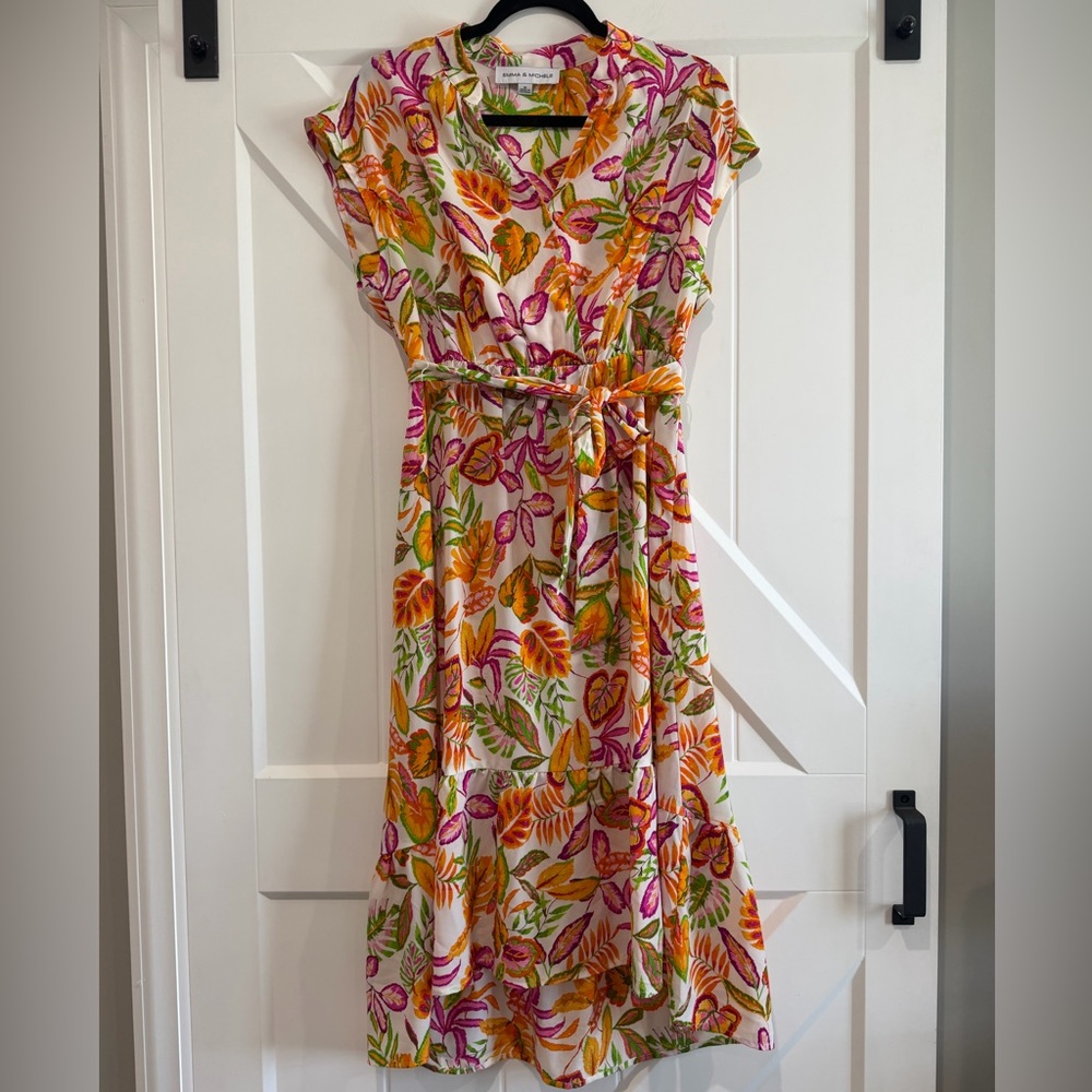 Emma & Michele Vibrant Floral Midi Dress - Pink, Orange, Green